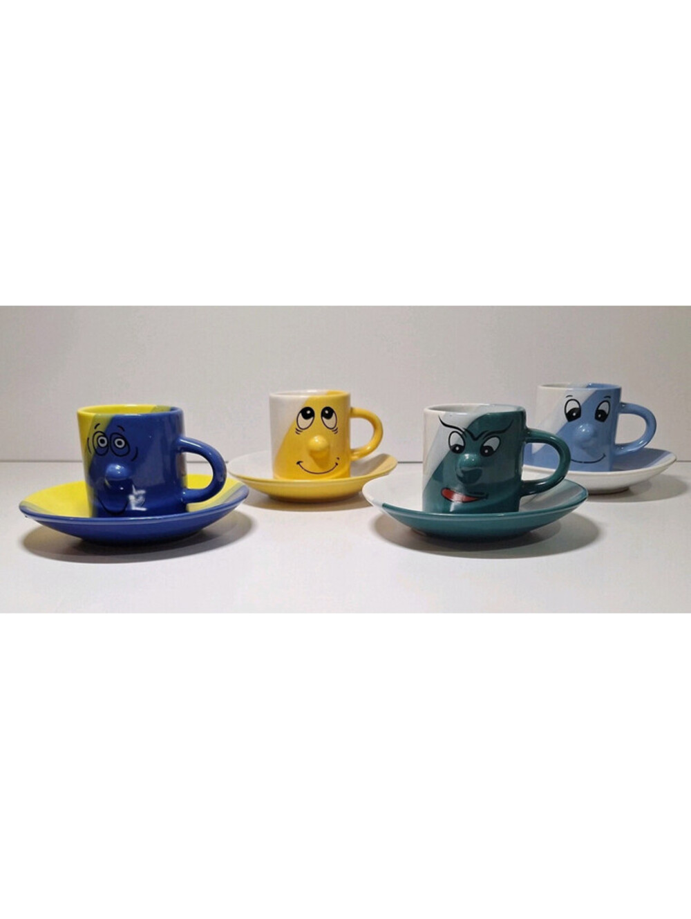 Funny Face 3D Protruding Nose Espresso Cup Saucer Set of 4 Multicolor 2 oz